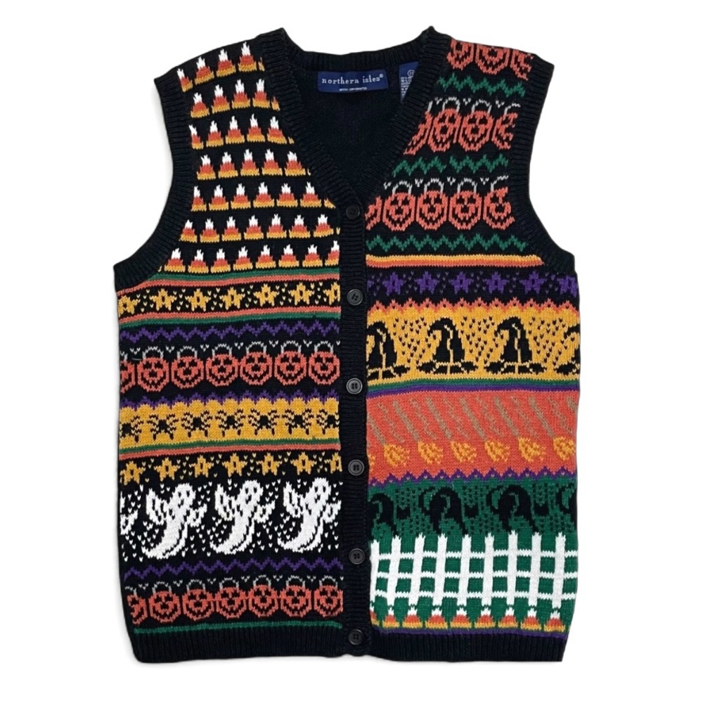 Vintage 90s Northern Isles Kids Halloween Sweater Vest Size 7/8 Ghosts Pumpkins
